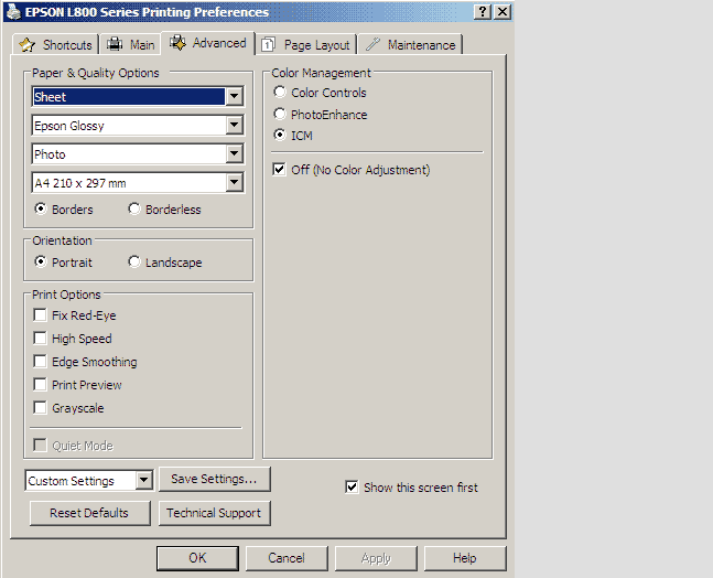 Настройка меню драйвера принтера Epson